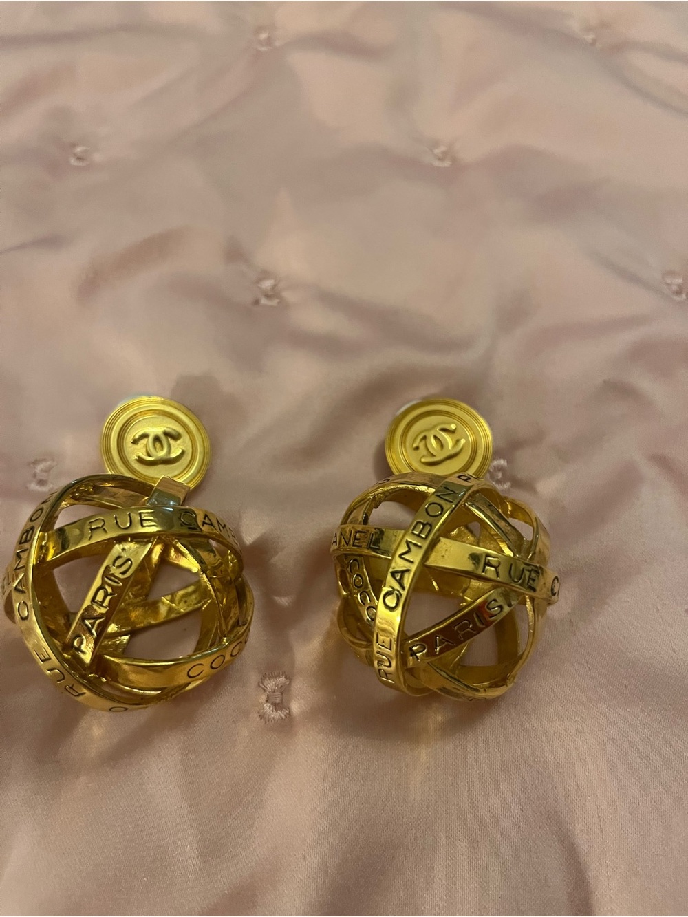 Chanel 24K Plated Rue Cambon Orb Clip Earrings